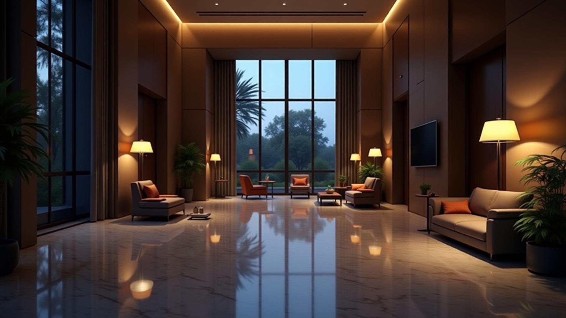Stilvolle Hotellobby in Zaragoza bei Dämmerung