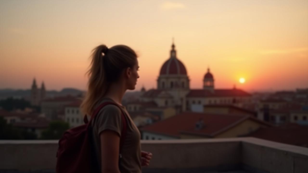 Eine selbstbewusste junge Frau blickt bei Sonnenuntergang über die Dächer von Zaragoza